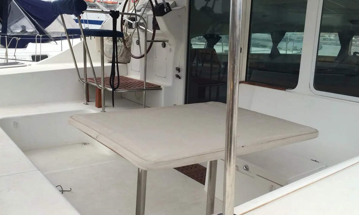 Deck of Vega, a Lagoon 410 S2 catamaran at Cagliari, Italy
