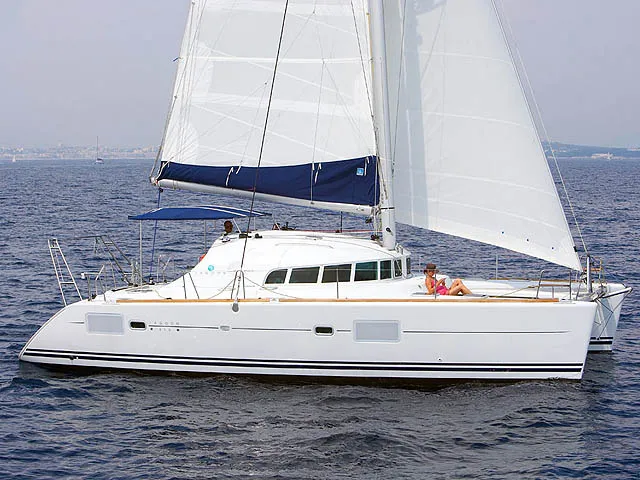 Exterior view of Vega, a Lagoon 410 S2 catamaran at Cagliari, Italy