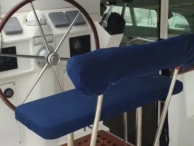 Cockpit of Vega, a Lagoon 410 S2 catamaran at Cagliari, Italy