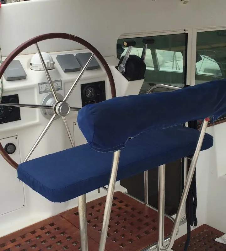 Cockpit of Vega, a Lagoon 410 S2 catamaran at Cagliari, Italy