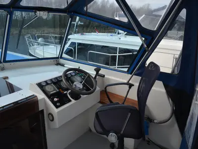 Cockpit of Holidaytime, a De Drait Safari Houseboat 1200 motorboat at Drachten, Netherlands