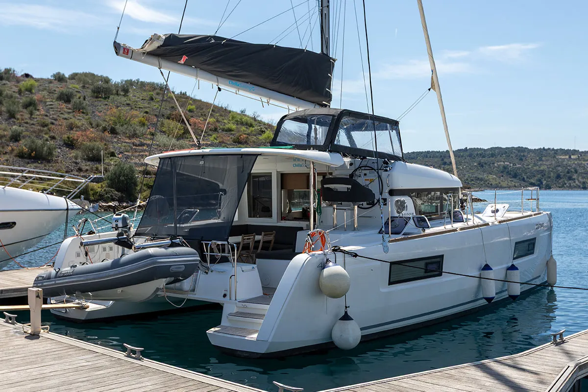 Exterior view of Bye Bye 2020, a Lagoon 40 catamaran at Primošten, Croatia