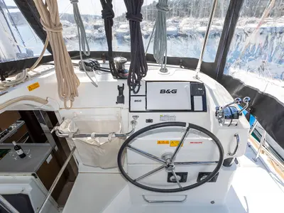 Cockpit of Bye Bye 2020, a Lagoon 40 catamaran at Primošten, Croatia