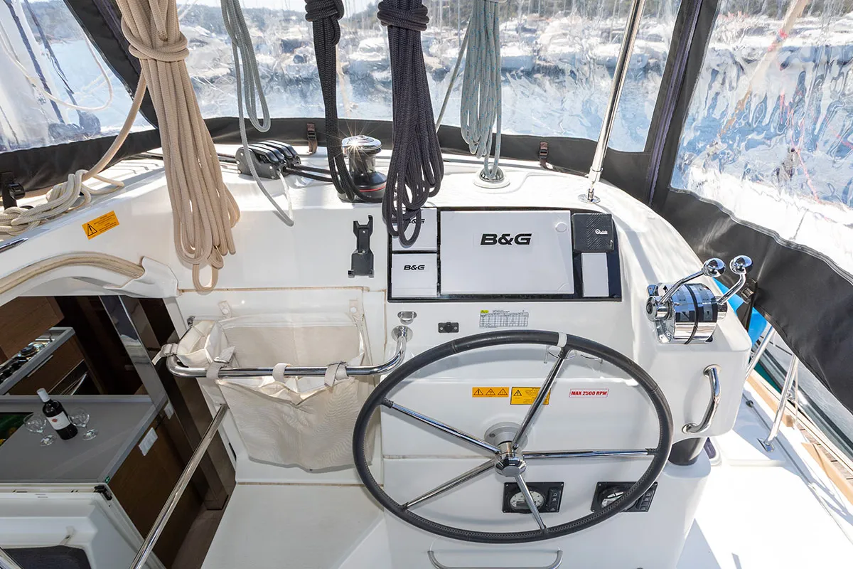 Cockpit of Bye Bye 2020, a Lagoon 40 catamaran at Primošten, Croatia