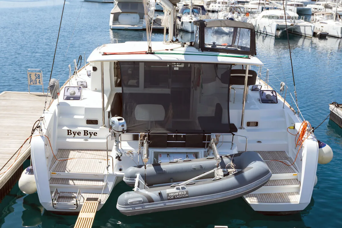 Exterior view of Bye Bye 2020, a Lagoon 40 catamaran at Primošten, Croatia