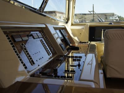 Cockpit of Tres Sirenas, a Ferretti 175 FLY motorboat at es Jonquet, Spain