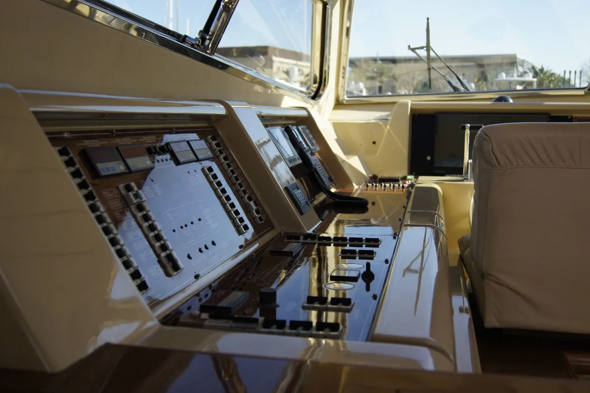 Cockpit of Tres Sirenas, a Ferretti 175 FLY motorboat at es Jonquet, Spain