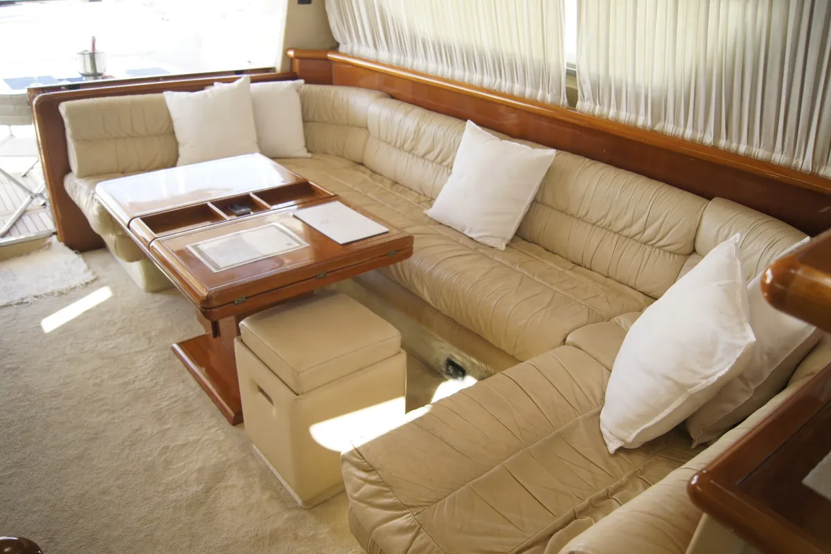 Salon of Tres Sirenas, a Ferretti 175 FLY motorboat at es Jonquet, Spain