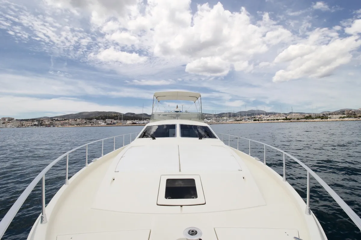Deck of Tres Sirenas, a Ferretti 175 FLY motorboat at es Jonquet, Spain