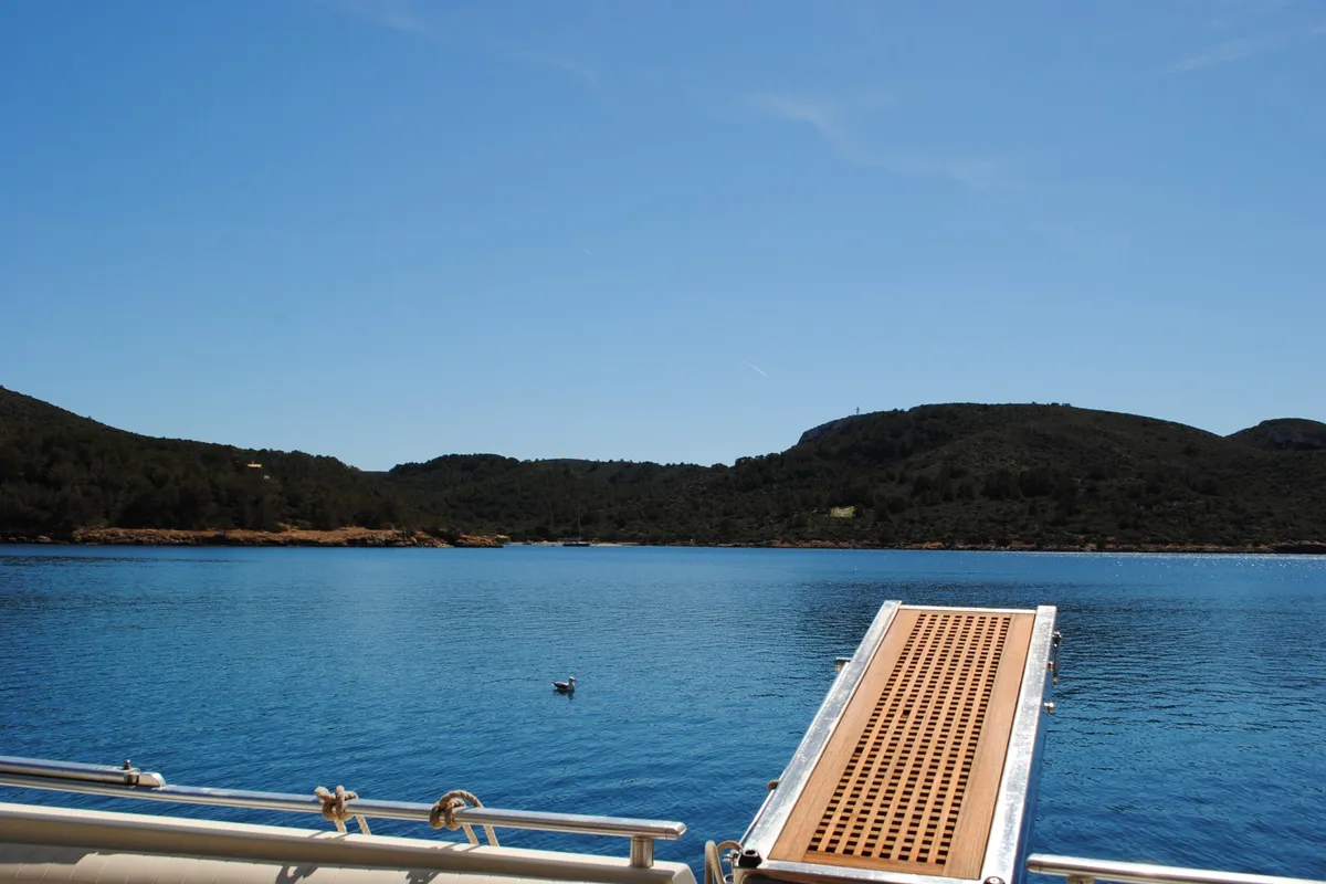 Deck of Tres Sirenas, a Ferretti 175 FLY motorboat at es Jonquet, Spain