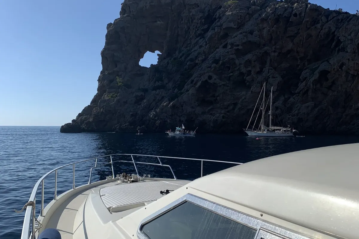Deck of Tres Sirenas, a Ferretti 175 FLY motorboat at es Jonquet, Spain