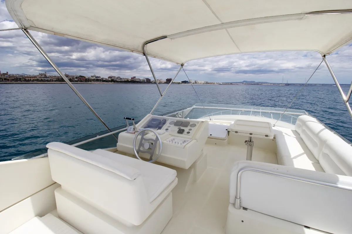 Cockpit of Tres Sirenas, a Ferretti 175 FLY motorboat at es Jonquet, Spain