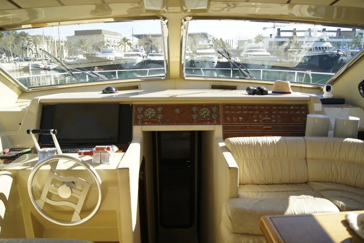 Cockpit of Tres Sirenas, a Ferretti 175 FLY motorboat at es Jonquet, Spain