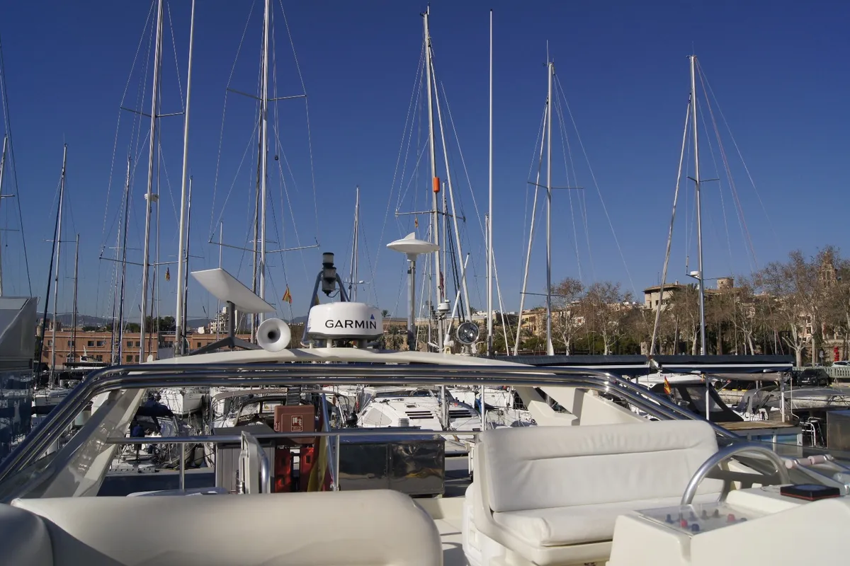 Deck of Tres Sirenas, a Ferretti 175 FLY motorboat at es Jonquet, Spain