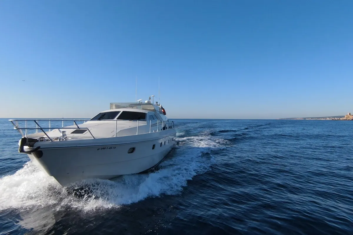 Exterior view of Tres Sirenas, a Ferretti 175 FLY motorboat at es Jonquet, Spain