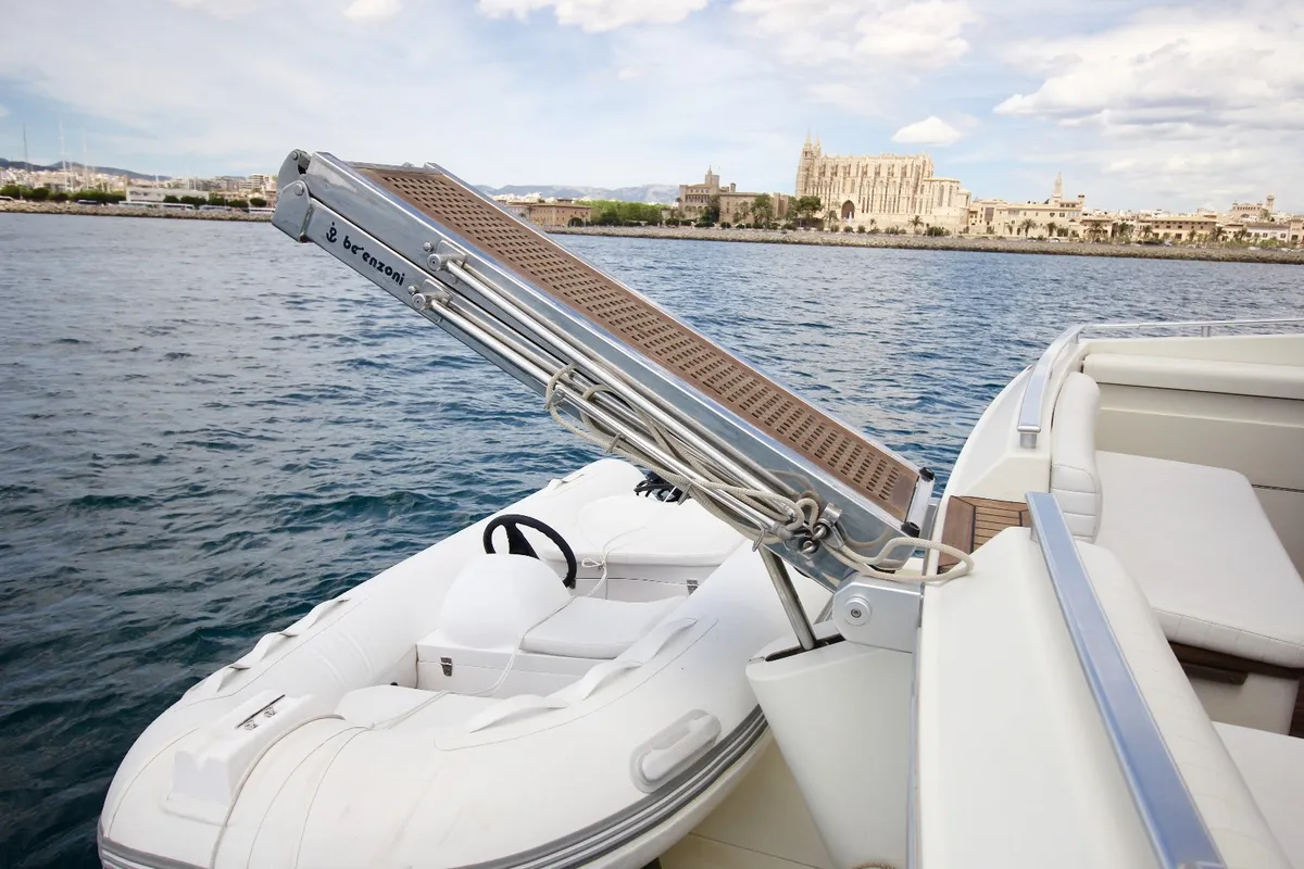 Deck of Tres Sirenas, a Ferretti 175 FLY motorboat at es Jonquet, Spain