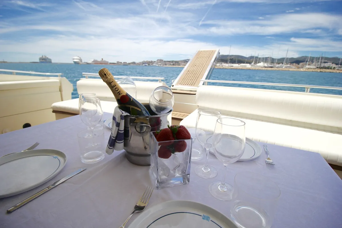 Deck of Tres Sirenas, a Ferretti 175 FLY motorboat at es Jonquet, Spain