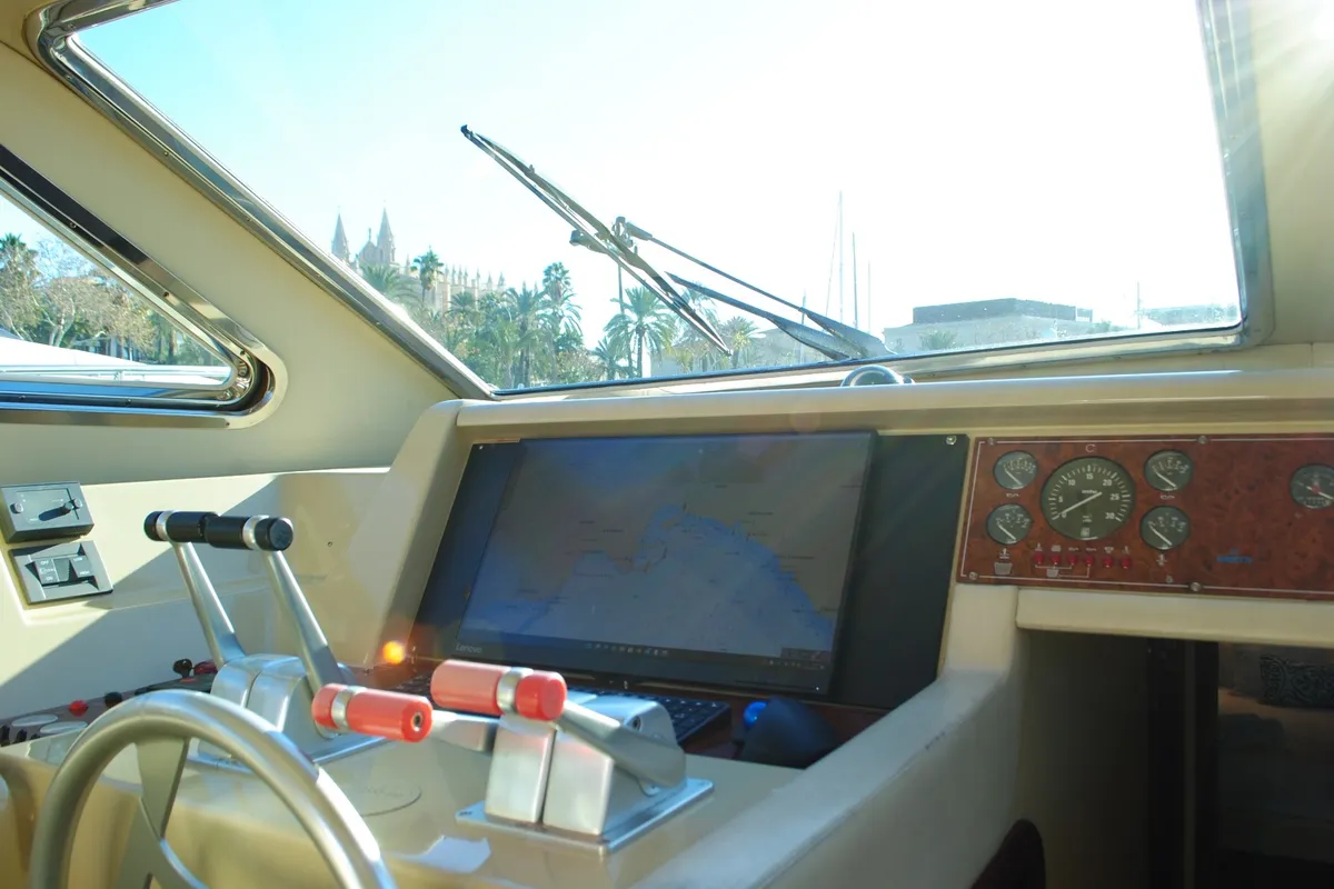 Cockpit of Tres Sirenas, a Ferretti 175 FLY motorboat at es Jonquet, Spain