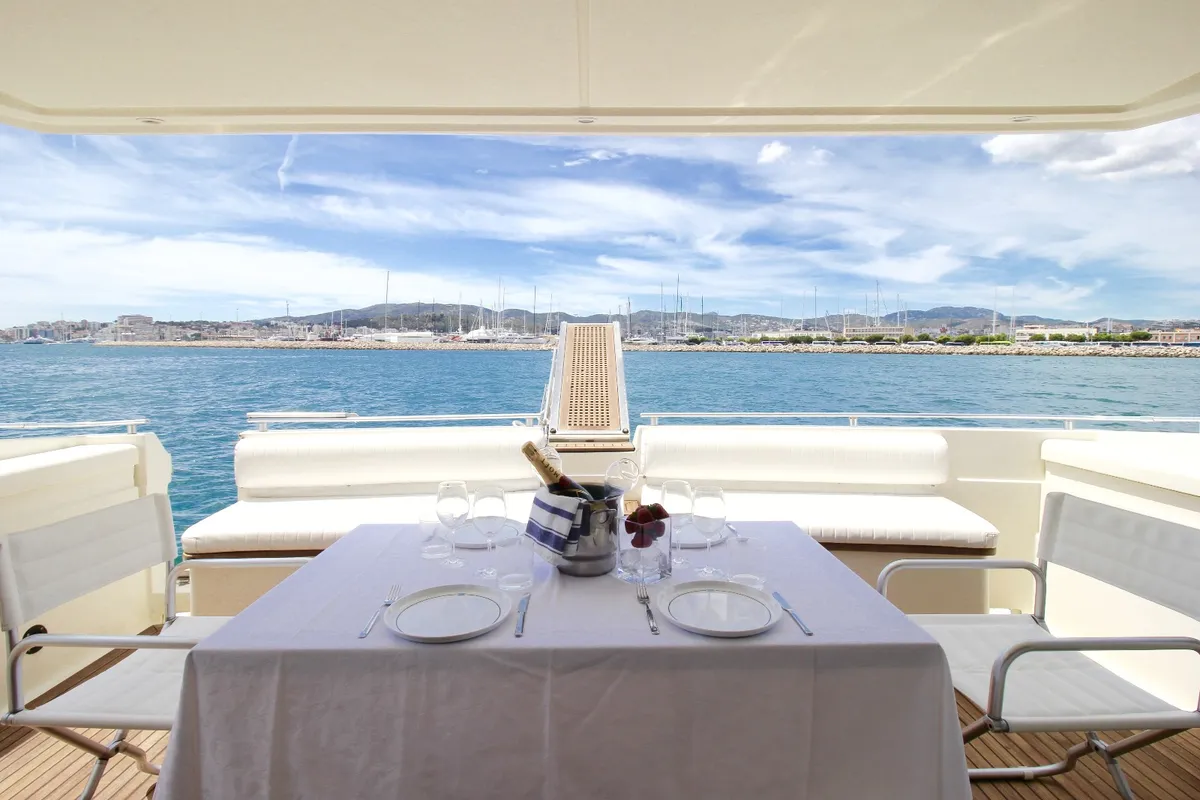 Deck of Tres Sirenas, a Ferretti 175 FLY motorboat at es Jonquet, Spain
