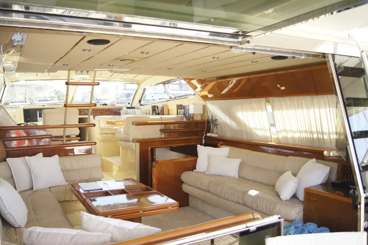 Salon of Tres Sirenas, a Ferretti 175 FLY motorboat at es Jonquet, Spain