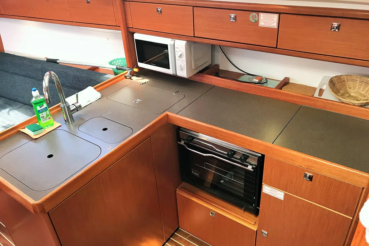 Galley of Kosjenka, a Bavaria Cruiser 34 sailboat at Općina Pakoštane, Croatia