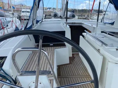 Cockpit of Elisa, a Beneteau Oceanis 46.1 sailboat at Procida, Italy
