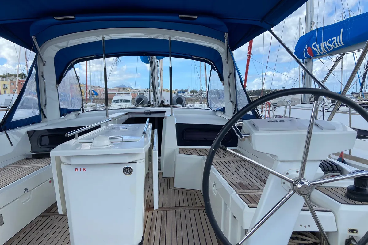 Cockpit of Elisa, a Beneteau Oceanis 46.1 sailboat at Procida, Italy