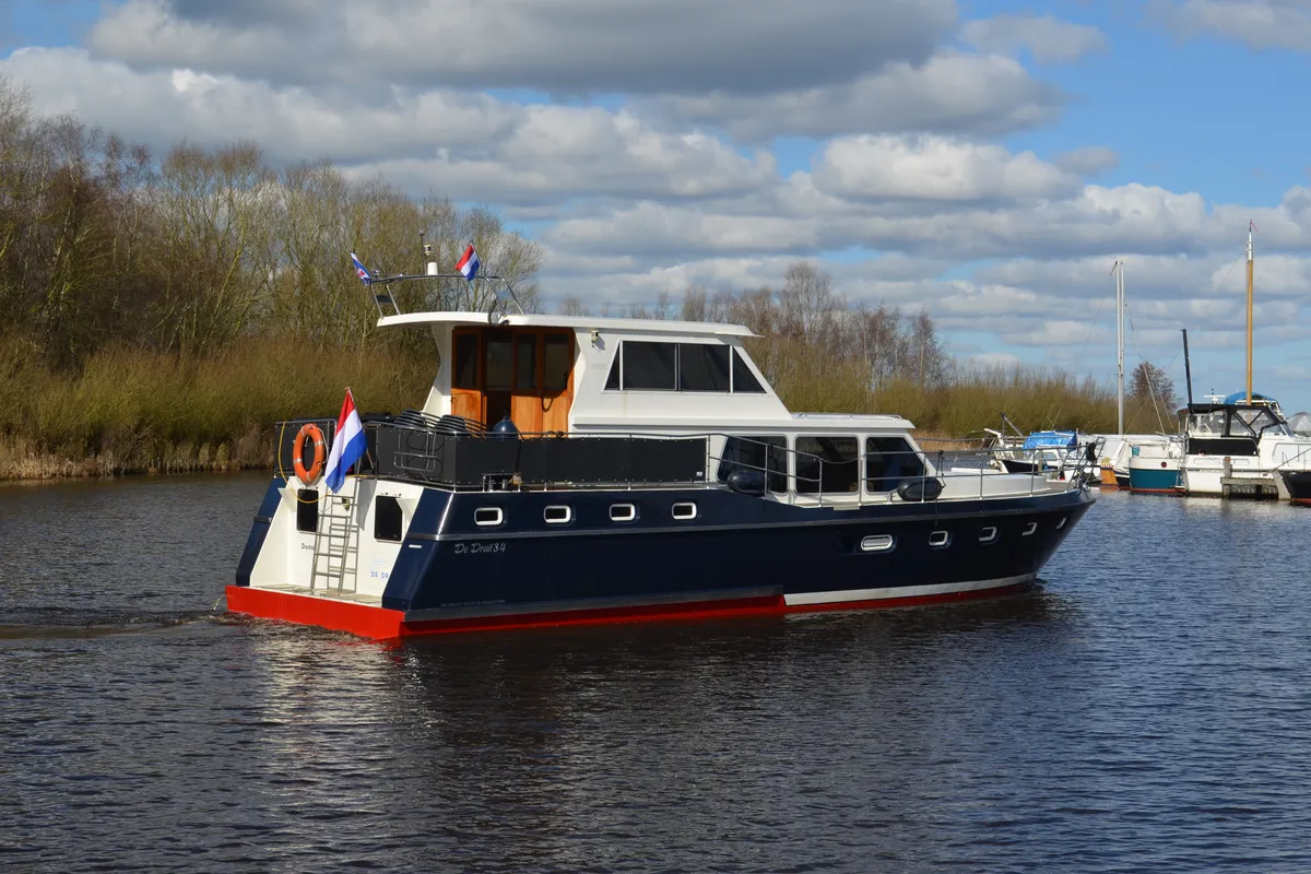 Exterior view of De Drait Renal 50, a motorboat at Drachten, Netherlands