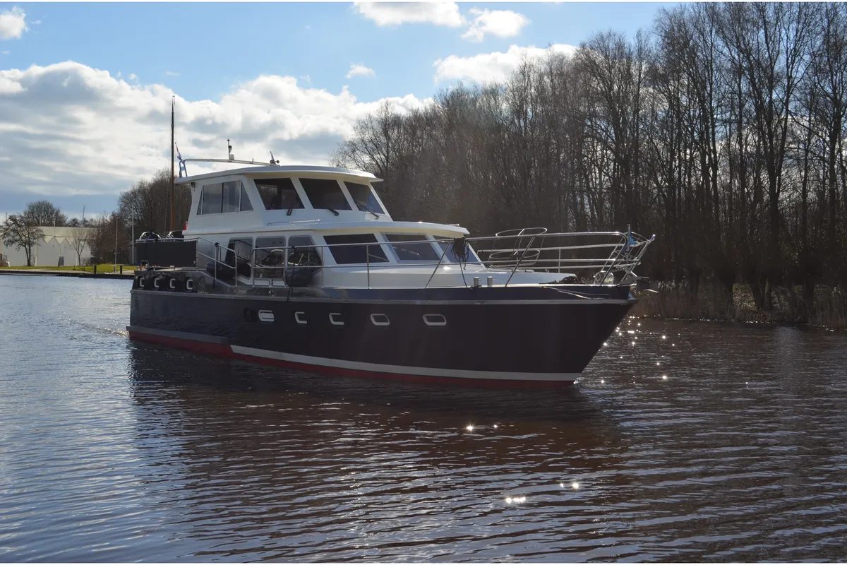 Exterior view of De Drait Renal 50, a motorboat at Drachten, Netherlands