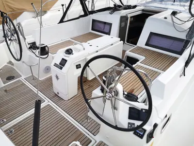Cockpit of Aquilante, a Jeanneau Sun Odyssey 440 sailboat at Rosignano Solvay, Italy