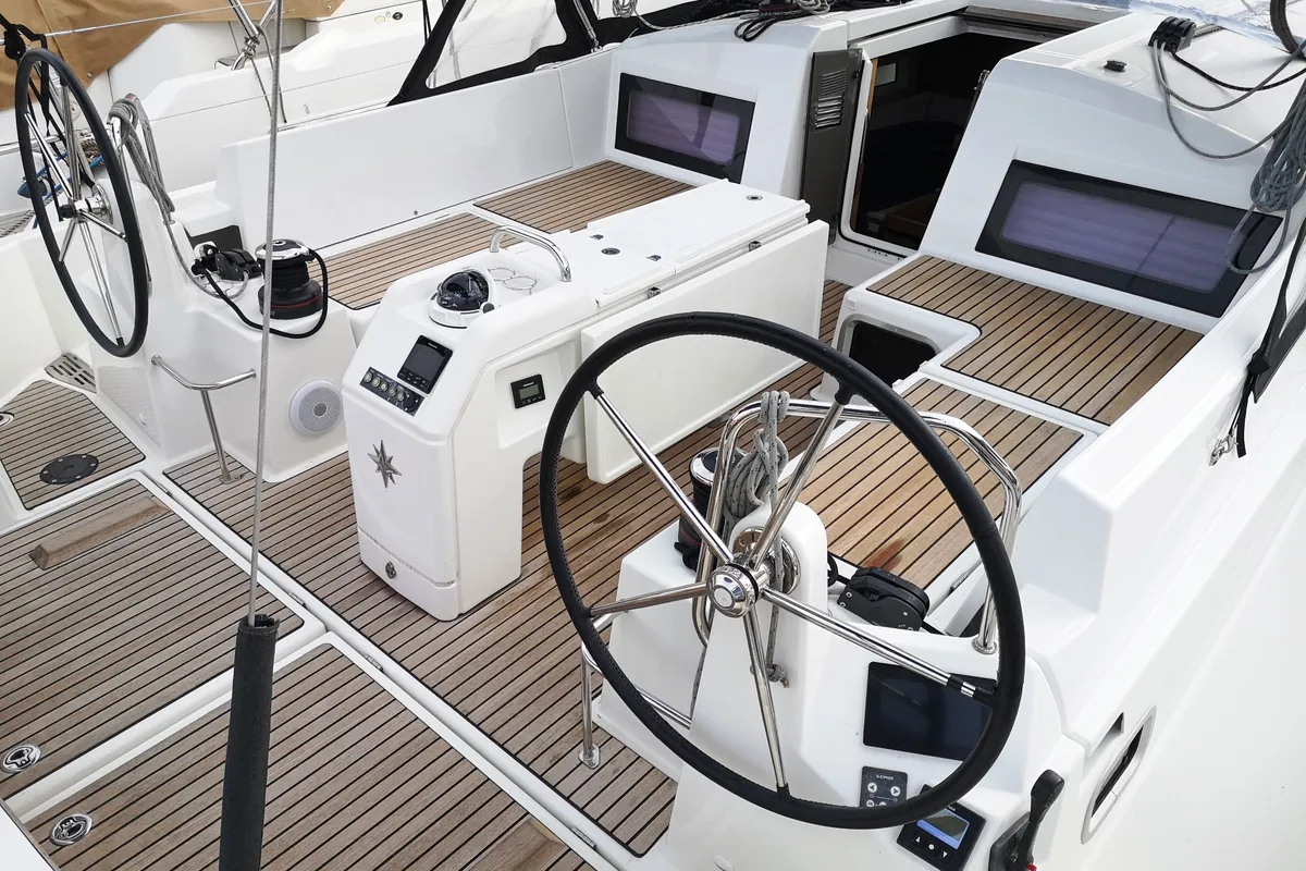 Cockpit of Aquilante, a Jeanneau Sun Odyssey 440 sailboat at Rosignano Solvay, Italy