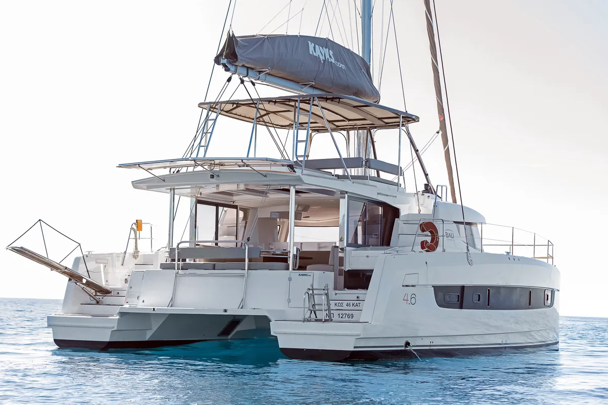Exterior view of Kos 46.Cat4, a Bali 4.6 catamaran at Municipal Unit of Lefkada, Greece