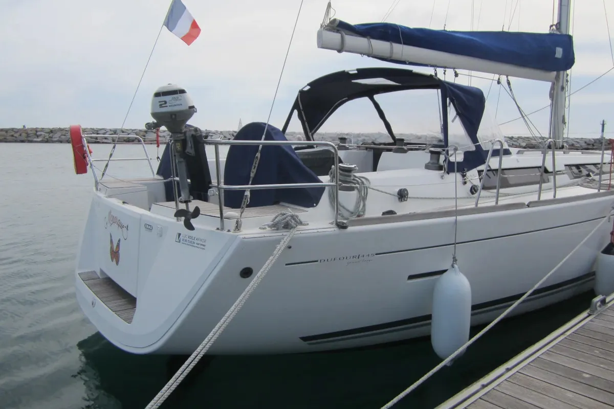 Exterior view of Monarque, a Dufour 445 Grand Large sailboat at Saint-Cast-le-Guildo, France