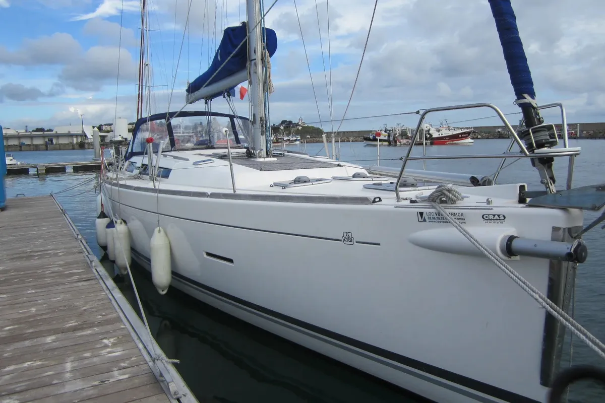 Exterior view of Monarque, a Dufour 445 Grand Large sailboat at Saint-Cast-le-Guildo, France