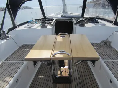 Cockpit of Monarque, a Dufour 445 Grand Large sailboat at Saint-Cast-le-Guildo, France
