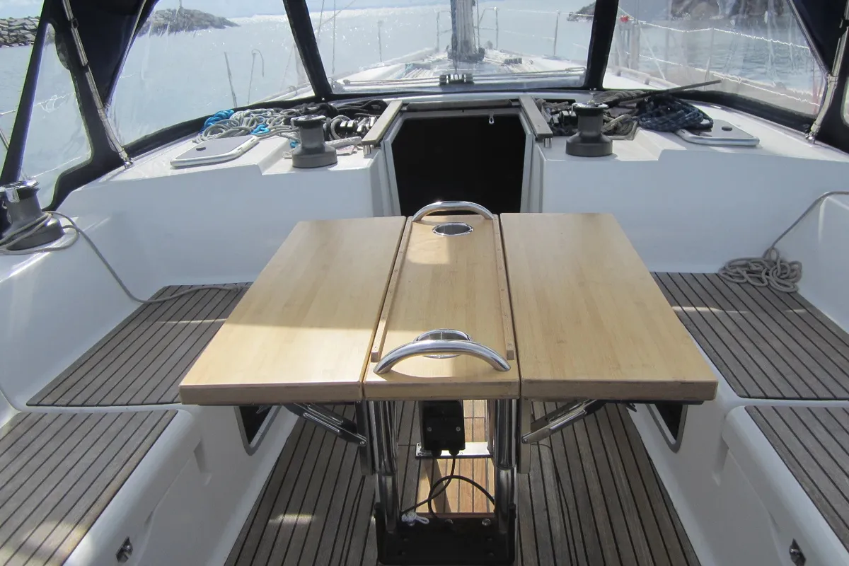 Cockpit of Monarque, a Dufour 445 Grand Large sailboat at Saint-Cast-le-Guildo, France