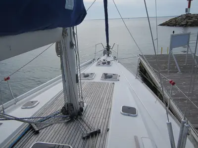 Deck of Monarque, a Dufour 445 Grand Large sailboat at Saint-Cast-le-Guildo, France