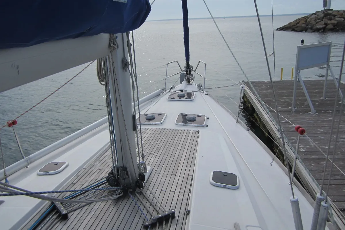 Deck of Monarque, a Dufour 445 Grand Large sailboat at Saint-Cast-le-Guildo, France