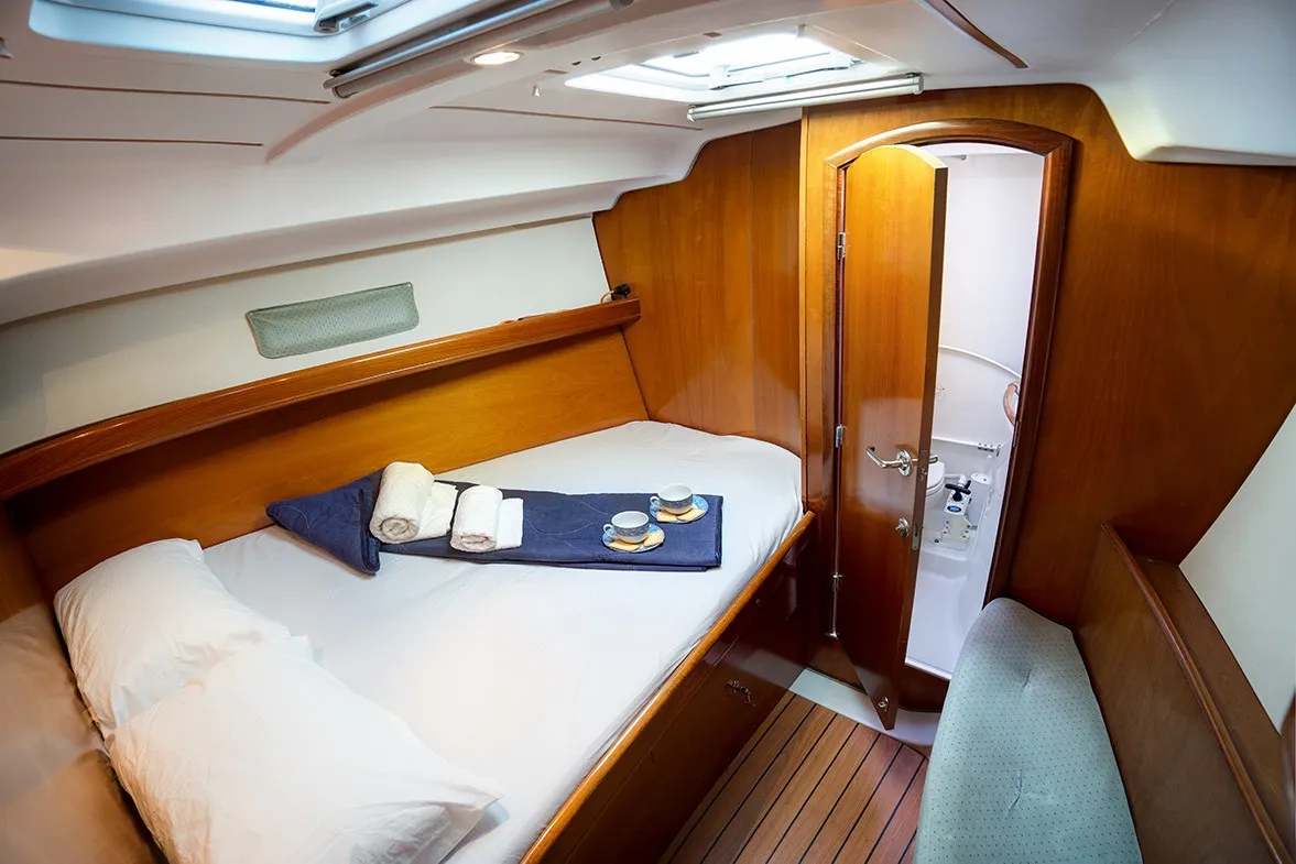 Cabin on ARGO, a Beneteau Oceanis 393 sailboat at Athens, Marina Delta Kallithea, Greece