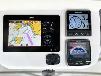 Cockpit of ARGO, a Beneteau Oceanis 393 sailboat at Athens, Marina Delta Kallithea, Greece