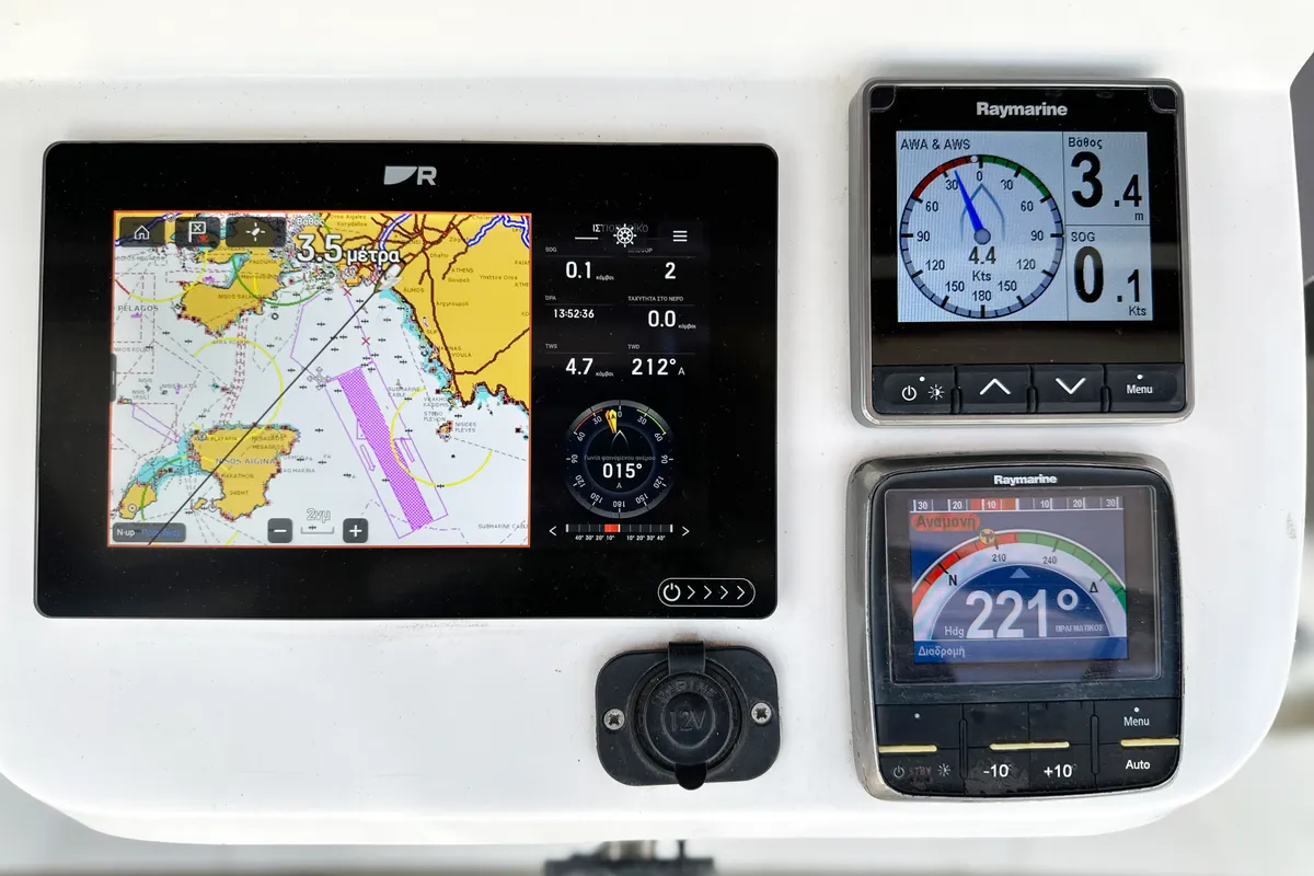 Cockpit of ARGO, a Beneteau Oceanis 393 sailboat at Athens, Marina Delta Kallithea, Greece