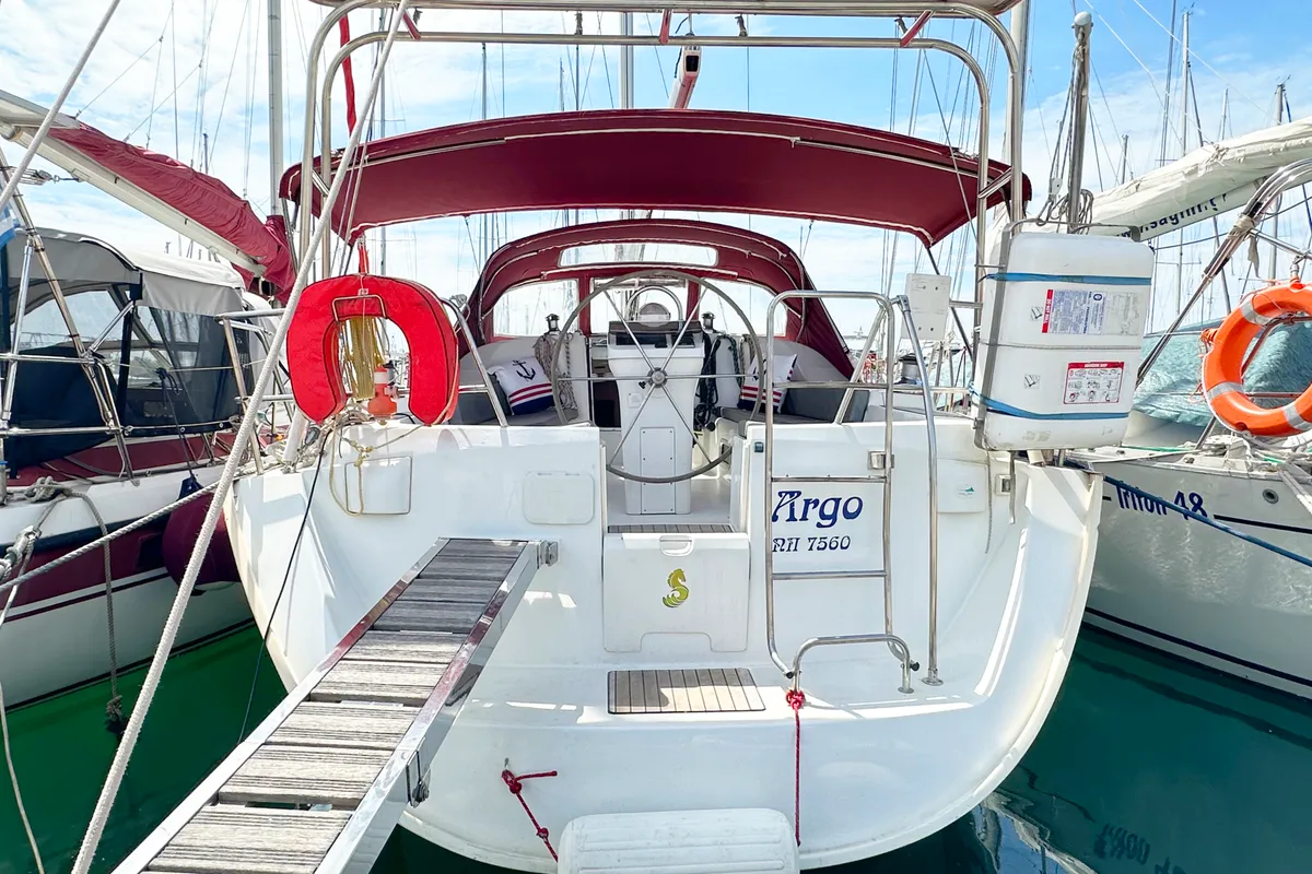 Exterior view of ARGO, a Beneteau Oceanis 393 sailboat at Athens, Marina Delta Kallithea, Greece