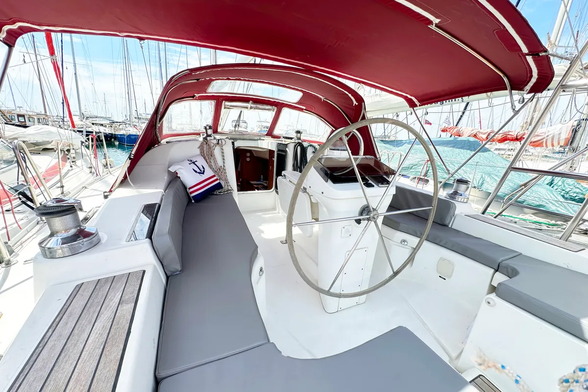 Cockpit of ARGO, a Beneteau Oceanis 393 sailboat at Athens, Marina Delta Kallithea, Greece