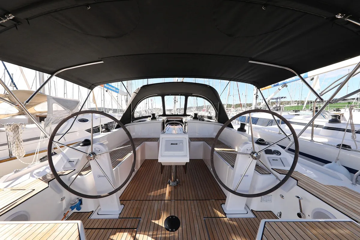 Cockpit of SeaTime, a Bavaria C42 sailboat at Pirovac, Croatia