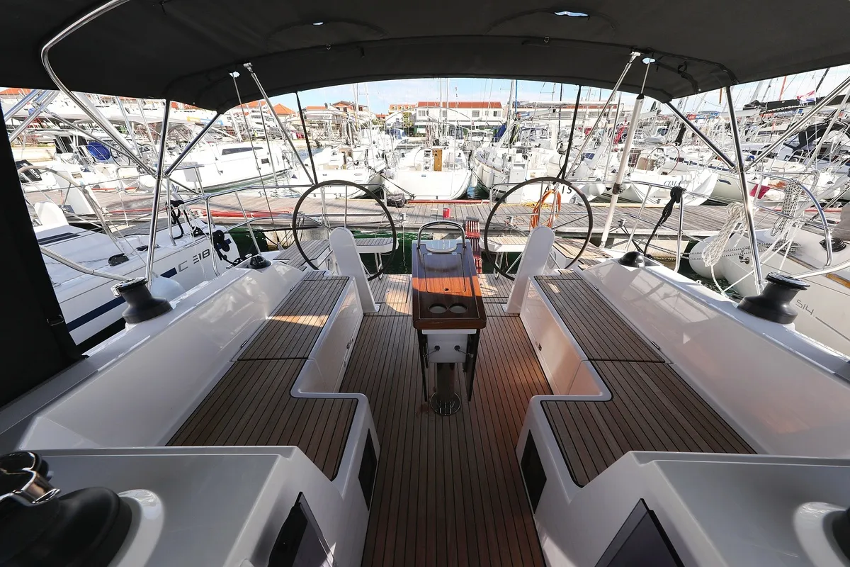 Cockpit of SeaTime, a Bavaria C42 sailboat at Pirovac, Croatia
