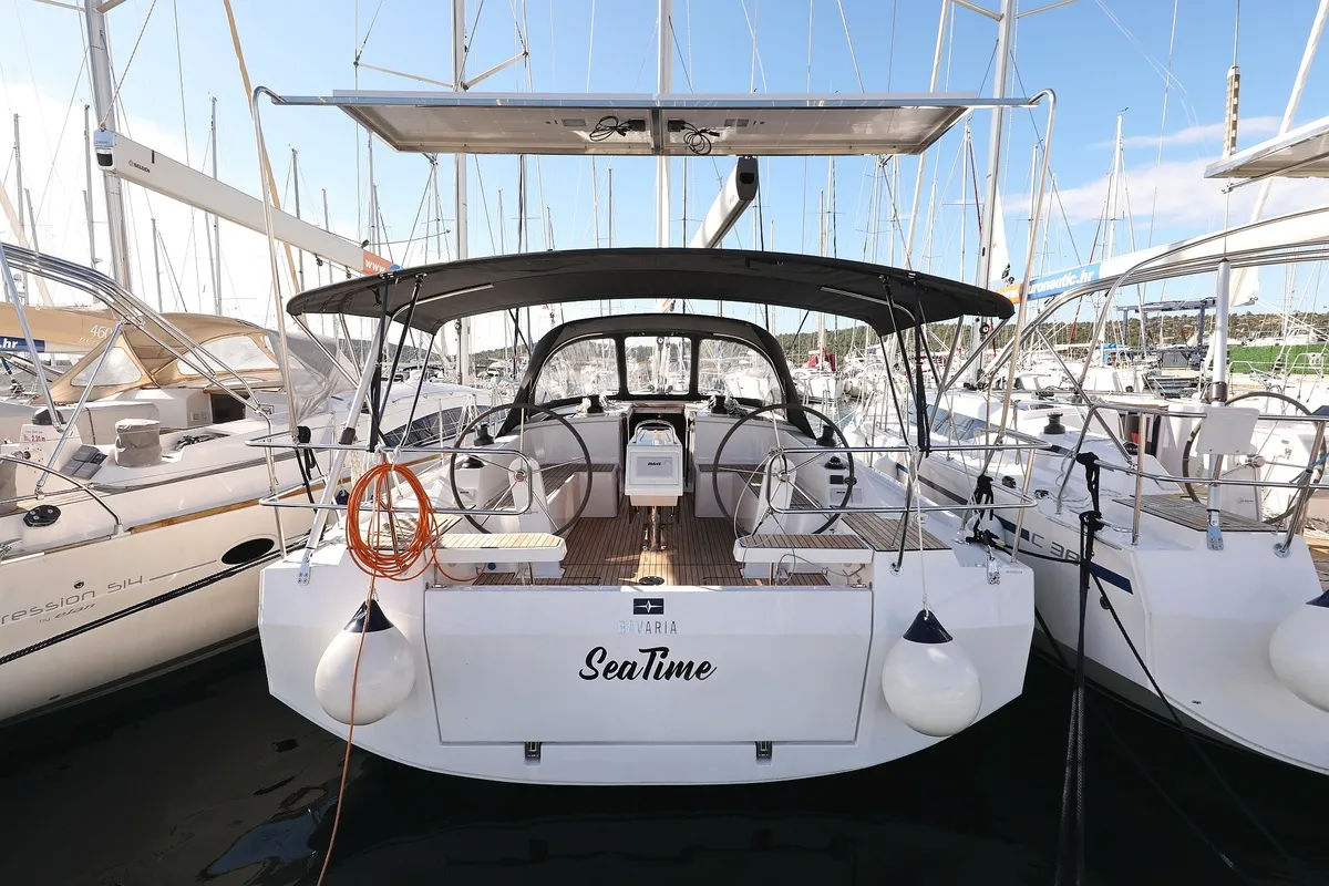 Exterior view of SeaTime, a Bavaria C42 sailboat at Pirovac, Croatia