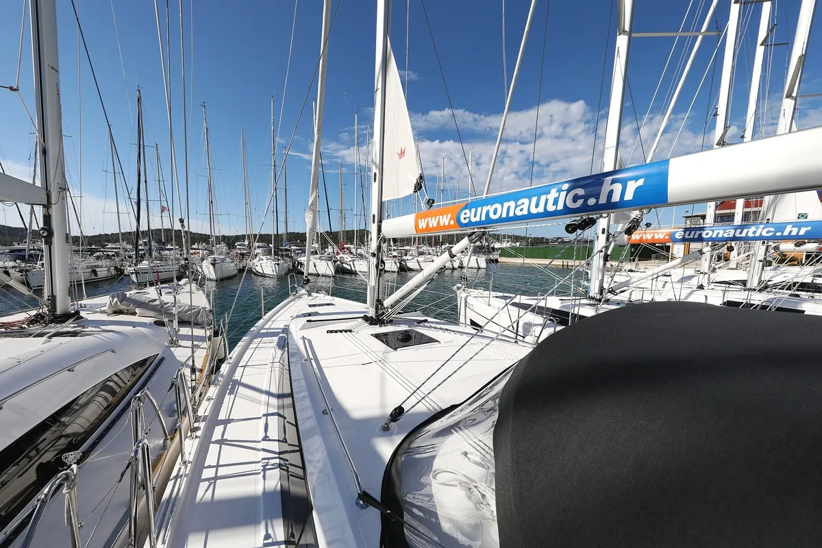 Deck of SeaTime, a Bavaria C42 sailboat at Pirovac, Croatia