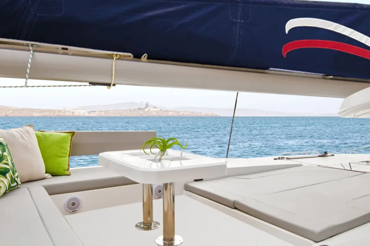 Deck of Moorings 4500L/10 Exclusive, a Leopard 45 catamaran at English Harbour, Antigua and Barbuda