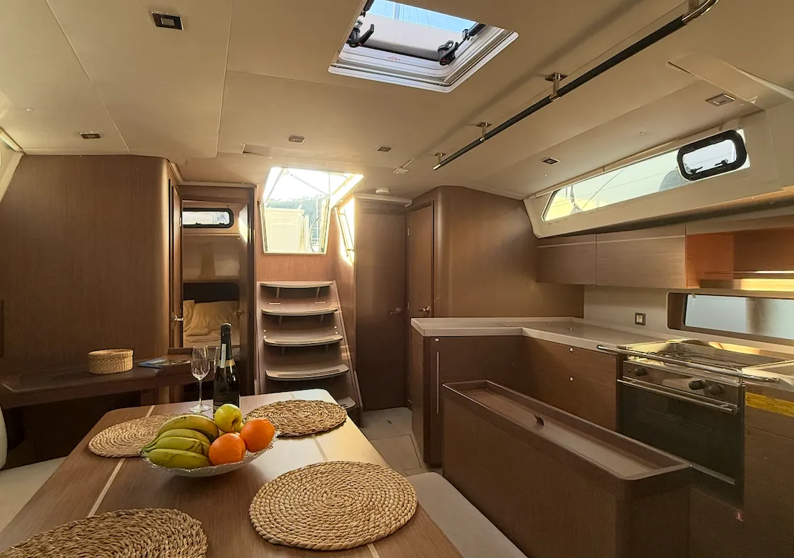 Salon of Athena 5, a Beneteau Oceanis 46.1 sailboat at Fethiye, Turkey