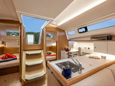 Galley of Starlet, a Jeanneau Sun Odyssey 415 sailboat at Kontokali, Greece